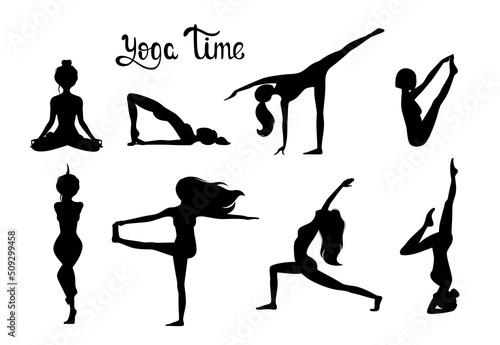 A set of black silhouettes of women on a white background. Yoga. 