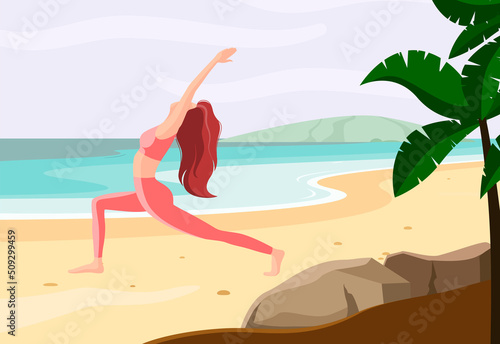 A girl does yoga on the beach. Cartoon design.
