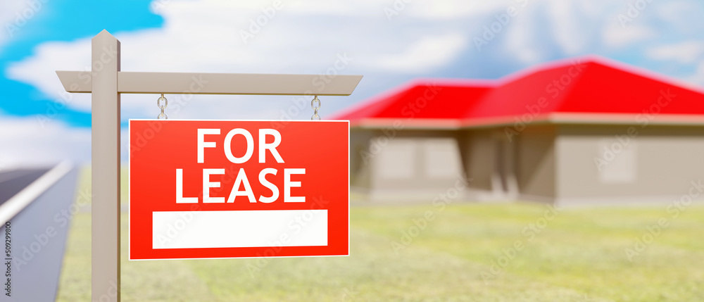 For lease sign, blur house background. Real estate business, building offer for rent. 3d render