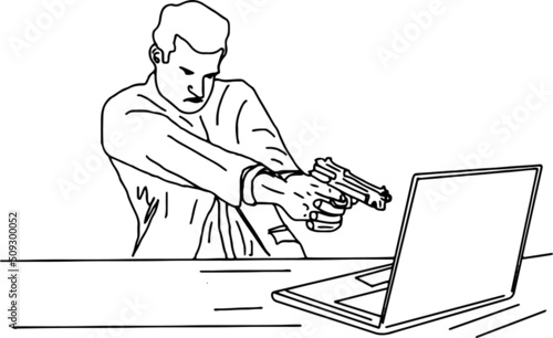 Angry man with gun vector, Angry man with pistol logo, sketch drawing of frustrated man shooting his laptop with his gun