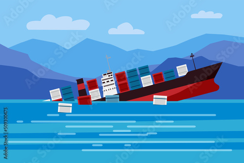 Shipwreck of cargo ship in ocean, vessel going under water and goods containers. Marine transport crash, vector