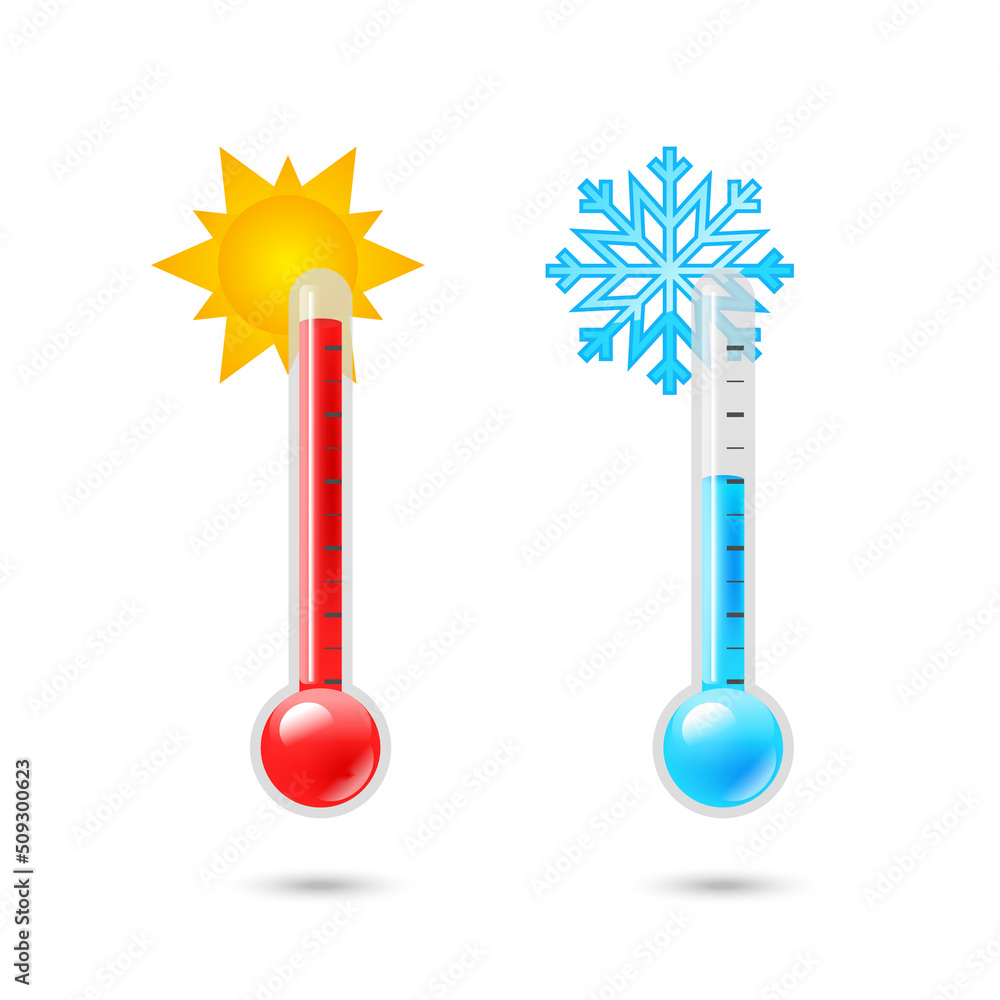 Temperature weather thermometers with Celsius and Fahrenheit scales. Two  vectors realistic 3d weather thermometer icon set. Sun and snowflake. Cold  warm thermometer. Thermostat meteorology vector Stock Vector
