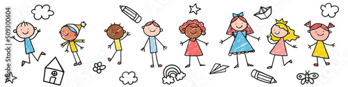 Group of funny jumping kids. friendship concept. Happy cute doodle children. Isolated vector illustration in hand drawn style Children jump together. happy childhood. Doodle hand drawn vector
