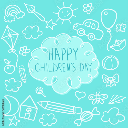 happy children's day, cute vector greeting card with funny cartoon child outline icon. Childish doodles with happy children. color page. Blue line cartoon characters. Flowers and toys
