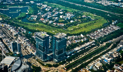 Photography Jakarta Bay view from the airplane window that looks crowded and busy