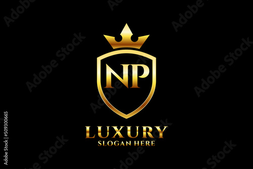 initial NP elegant luxury monogram logo or badge template with scrolls and royal crown - perfect for luxurious branding projects