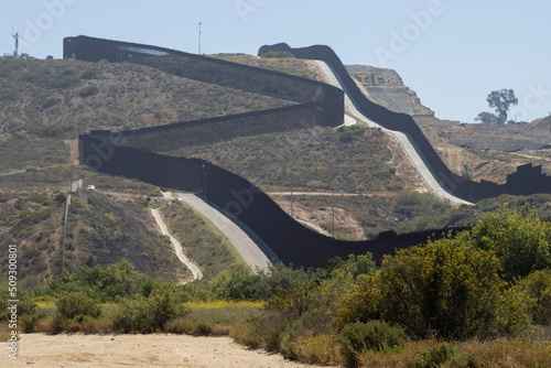 A double border wall between the U.S. and Mexico, separating San Diego and Tijuana, is seen from the Border Field State Park in San Diego, California. photo