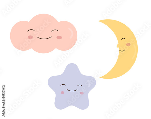 Cute moon,cloud and star. Cartoon style. Baby print photo