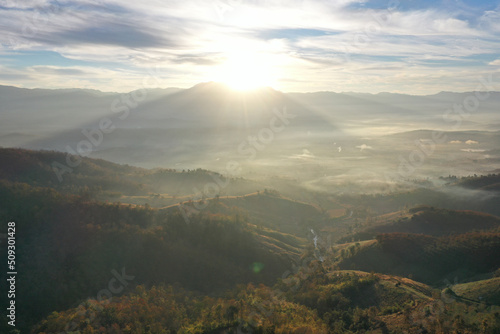 Ban Bon Na Viewpoint at sunrise with fog above Mae Chaem, Doi Inthanon national park, Chiang Mai, Thailand