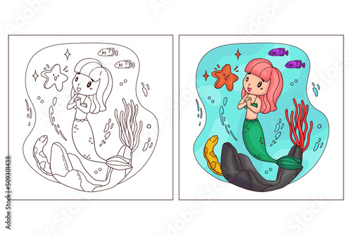 Hand drawn cute Mermaid for coloring page 8
