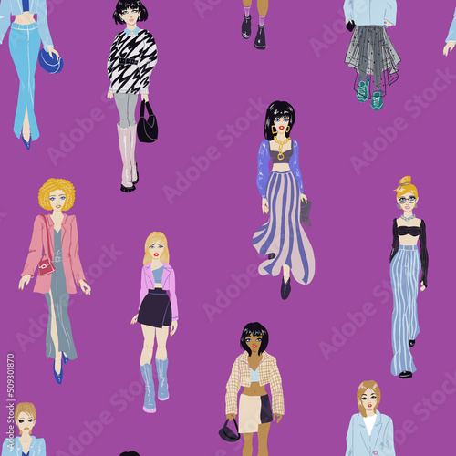 Seamless pattern. Women in trendy clothes. Fashion illustration.