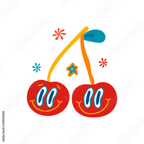 A groovy funky poster in the style of the 70s. Retro poster with crazy cherry and hippie flowers, postcard template. Youth illustrations in cartoon hippie style for T-shirts, postcards, design