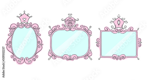 Princess frame set. Royal mirror frames and majestic prince doodle borders. Cute crown border. Outline vector illustration. 