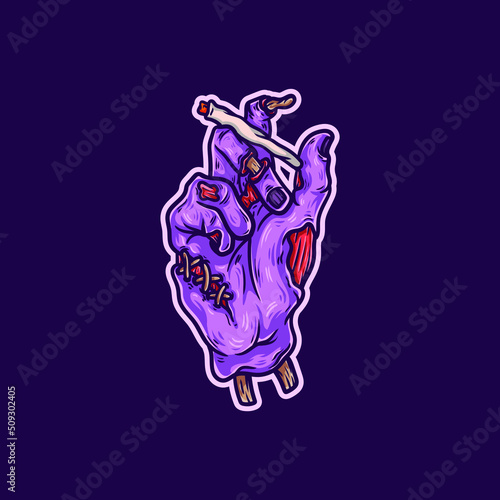 a vector illustration of purple zombie hand holding a cigarette