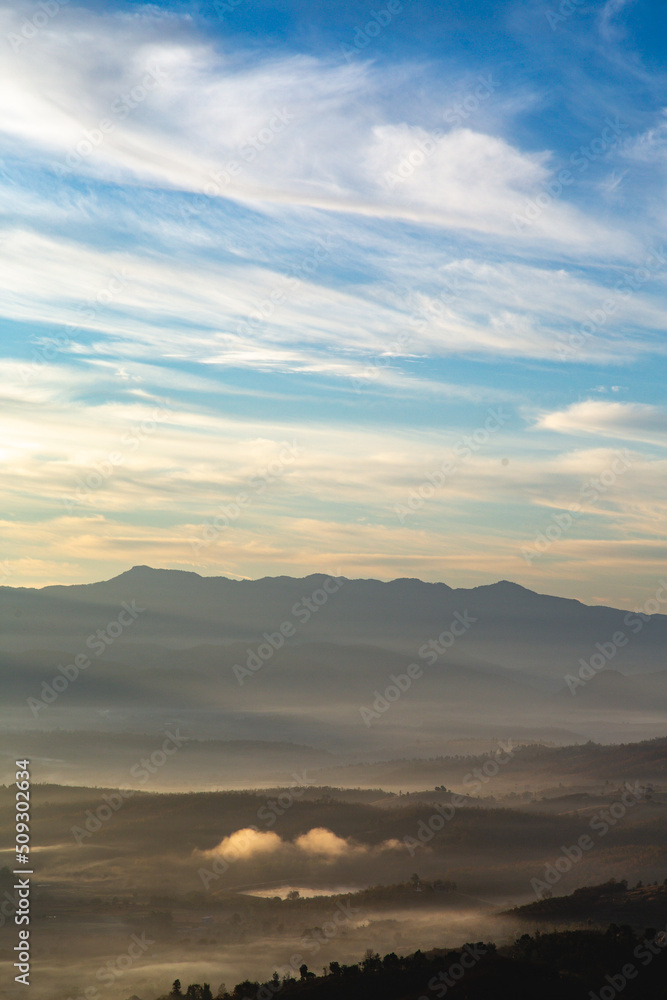 Fototapeta premium Ban Bon Na Viewpoint at sunrise with fog above Mae Chaem, Doi Inthanon national park, Chiang Mai, Thailand