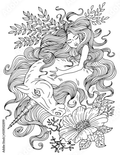 Fantasy line art illustration with beautiful princess girl and unicorn for coloring.