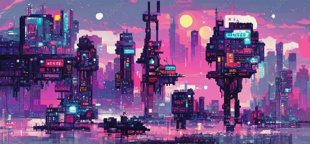 Cyberpunk city night. Retro futuristic pixel art composition. Future ...