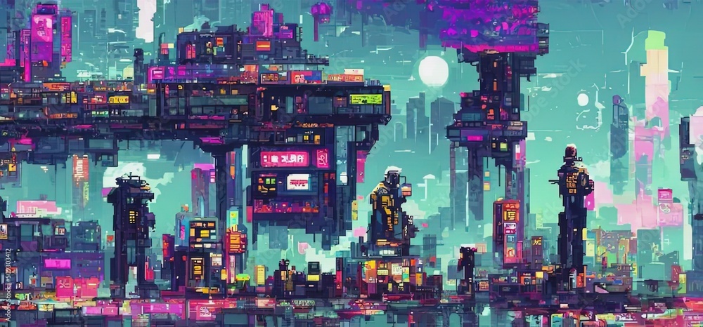 Cyberpunk city night. Retro futuristic pixel art composition. Future ...