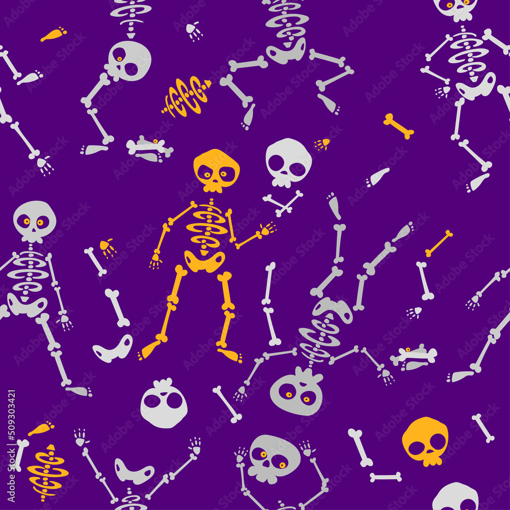 Funny skeletons in different poses seamless pattern for halloween design. On the violet background. Vector illustration.
