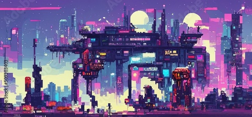 Cyberpunk city night. Retro futuristic pixel art composition. Future cityscape in a style of 80's. Urban wallpaper. 3D illustration. photo