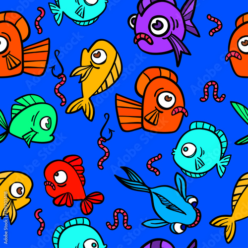 Seamless pattern with hand drawn funny fishes in sketch style, vector illustration, decorative marine with bubble and worms.