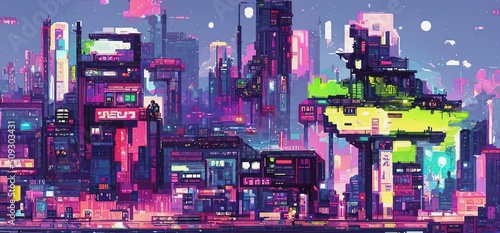Cyberpunk city night. Retro futuristic pixel art composition. Future cityscape in a style of 80's. Urban wallpaper. 3D illustration.