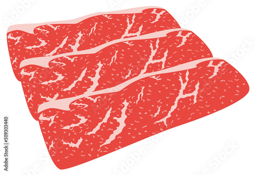 Slices of raw beef against white background
