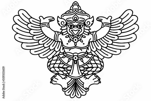 Garuda. Vector line art illustration. Garuda is a Hindu demigod and divine creature mentioned in the Hindu, Buddhist and Jain faiths.