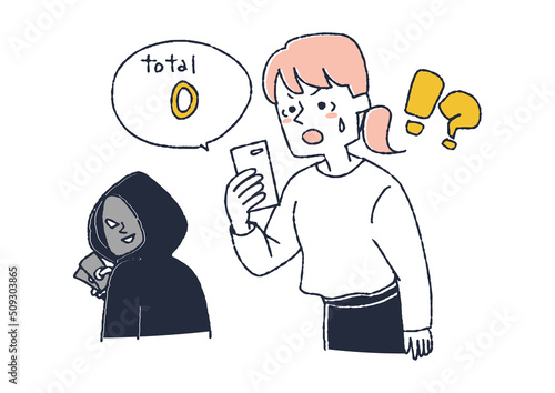 違法な操作で女性の預金残高を奪った詐欺師の男性　コミカルな手書きの人物　ベクター、温かみのある線画
