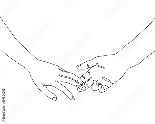 Continuous Line Drawing of Hands Couple Trendy Minimalist Illustration. Love One Line Abstract Concept. Minimalist Contour Hands Banner. Vector EPS 10.