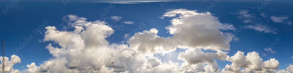 Blue sky panorama with puffy Cumulus clouds. Seamless hdr pano in spherical equirectangular format. Sky dome or zenith for 3D visualization, game and sky replacement for aerial drone 360 panoramas.