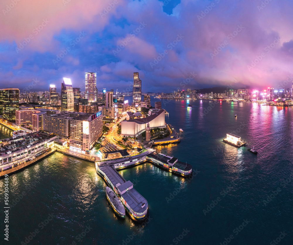 Epic night of the Star Ferry Pier in Tsim Sha Tsui, Hong Kong