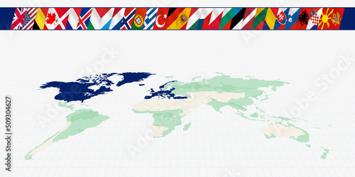 Map of the world with the members of the North Atlantic Alliance. A set of flags of the Alliance members with a fluttering effect.