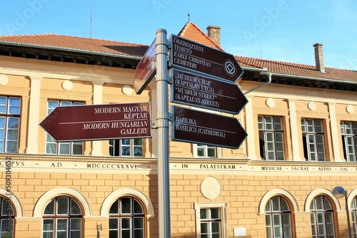 Street signs and landmarks table in Pecs - Hungary photo