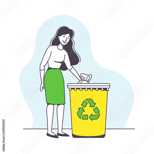 Saving Ecology with Young Woman Putting Garbage in Recycling Bin Caring about Green Planet and Nature Vector Illustration