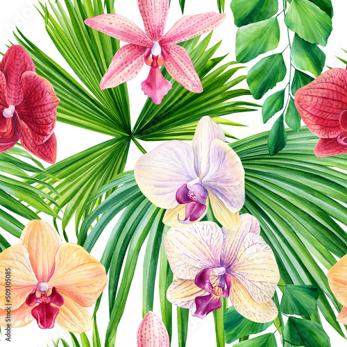 Seamless pattern. Tropical orchid flowers and palm green leaves on white background. 