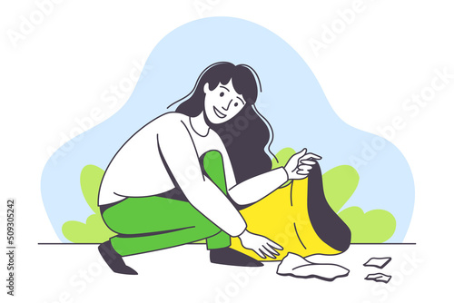 Saving Ecology with Young Woman with Bag Gathering Garbage Caring about Green Planet and Nature Vector Illustration
