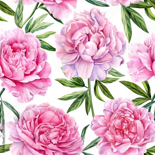Peonies  bouquet of summer flowers  watercolor illustration  floral background  Seamless pattern 
