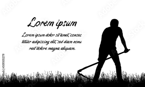 Black and white silhouette of a man mowing the grass or lawn with a scythe, with space for text, vector