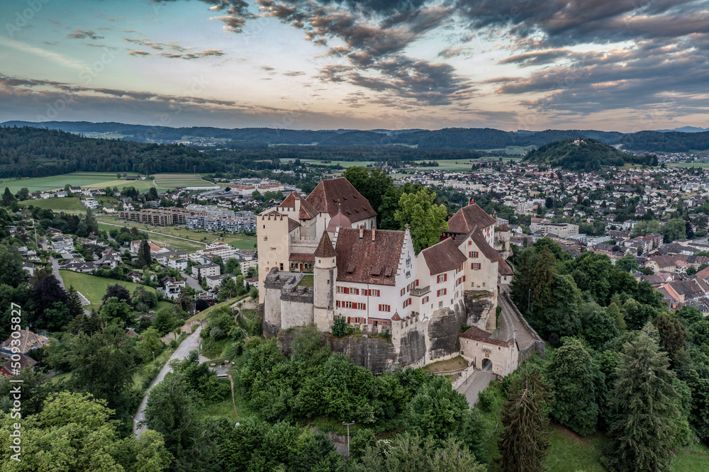 aerial view of a old castle in switzerland 