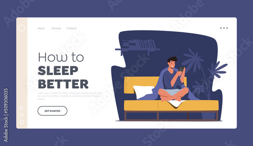 How to Sleep Better Landing Page Template. Male Character with Phone Sitting in Bed Wrapped in Blanket. Gadget Addiction