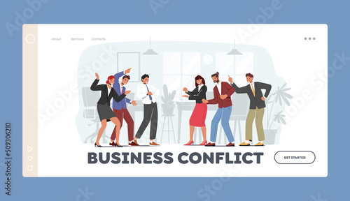 Angry Business Team Conflict Landing Page Template. Furious Men Women Quarrel and Fight, Characters Arguing in Office