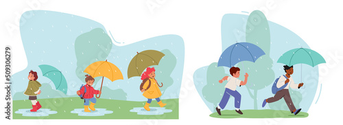 Happy Kids Walk under Umbrella, Little Boys and Girls Characters in Warm Clothes with Backpack Walking by Puddles