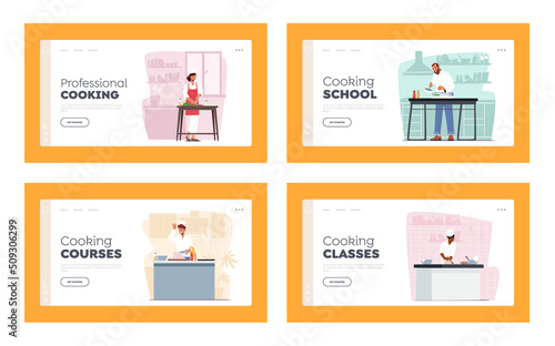 Characters Professional Cooking Landing Page Template Set. Men and Women in Toque and Apron Prepare Dinner on Kitchen