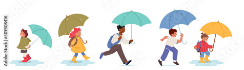 Set of Happy Kids with Umbrellas Isolated on White Background, Boys and Girls Characters Walking at Rainy Weather