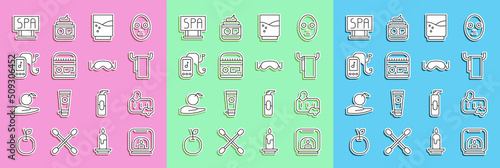 Set line Aroma lamp, Bar of soap with foam, Towel on hanger, Glass water, Cream or lotion cosmetic tube, Music player, Spa salon signboard and Eye sleep mask icon. Vector