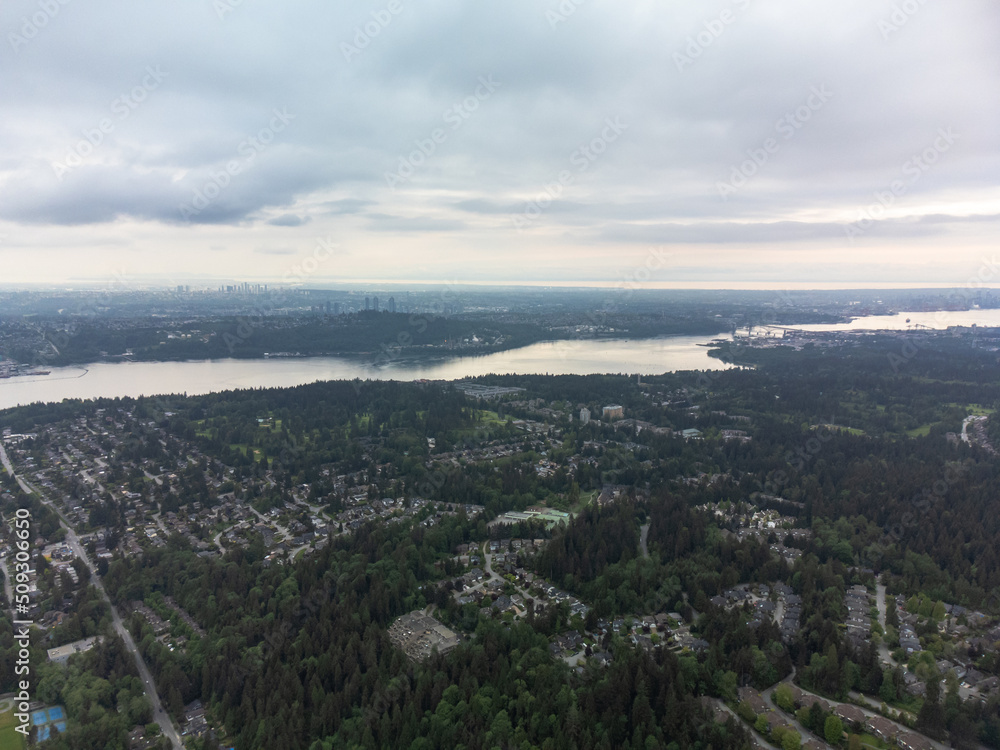 Aerial View of Deep Cove, Burnaby and New Westminster, around Vancouver BC on a cloudy overcast day