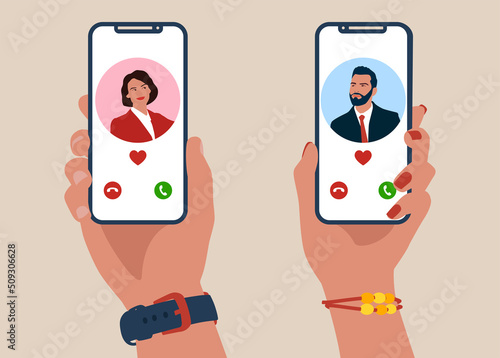 Male and female hands holding smartphones with portraits of man and woman on screens. Social mobile application for dating, searching for romantic partner. Flat cartoon vector illustration.