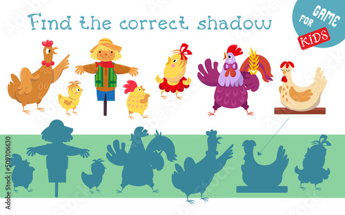 Fototapeta Naklejka Na Ścianę i Meble -  Find correct shadow. Game for children. Activity, vector illustration. Family of chickens with rooster, chicks and farm scarecrow.