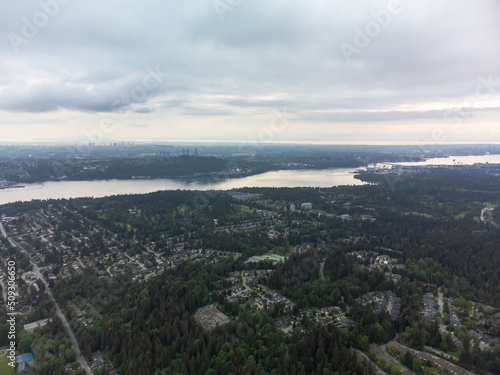 Aerial View of Deep Cove, Burnaby and New Westminster, around Vancouver BC on a cloudy overcast day